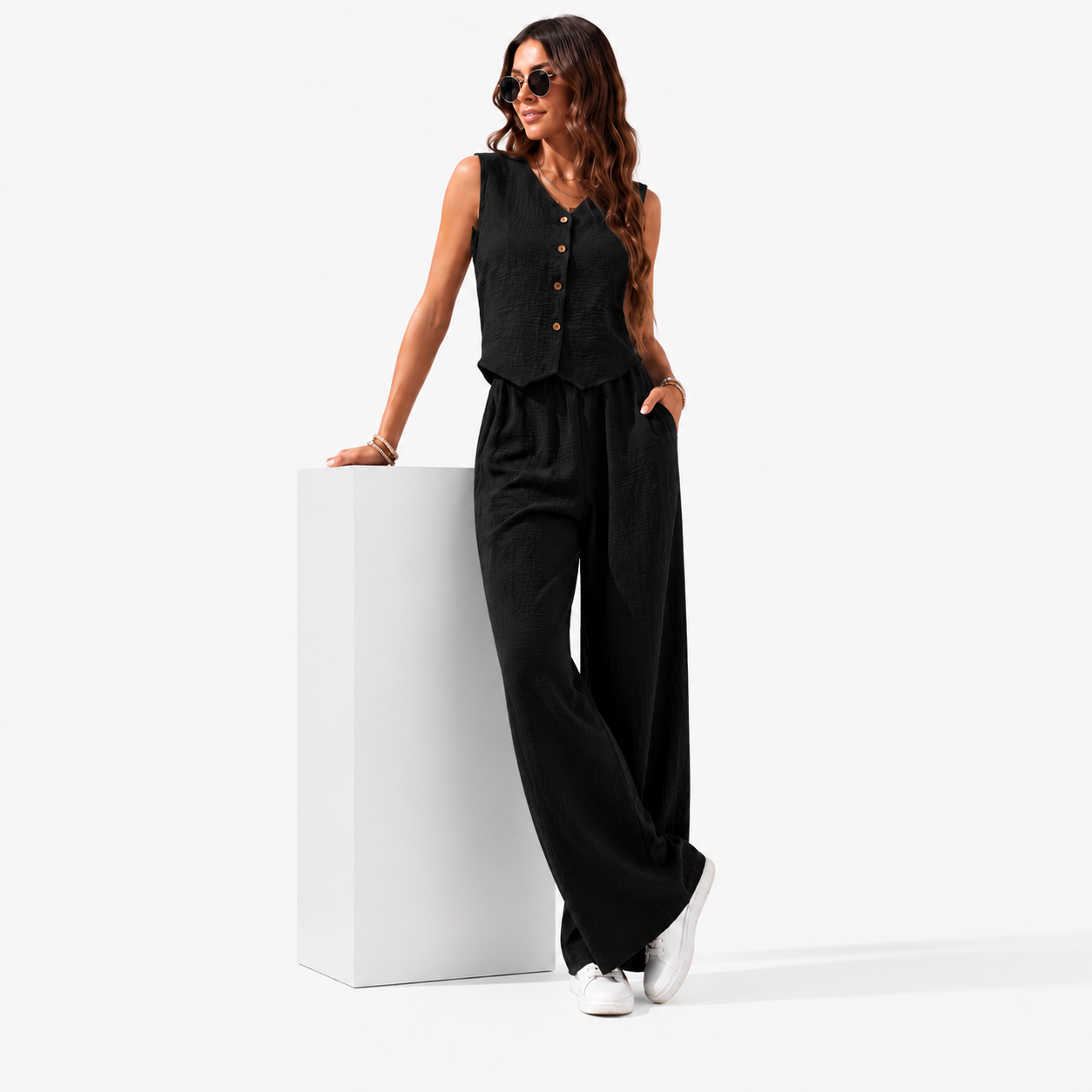 سوت كتان رجالي صيفي فيست وبنطلون Wide Leg من ELEVATE - صورة المنتج 10